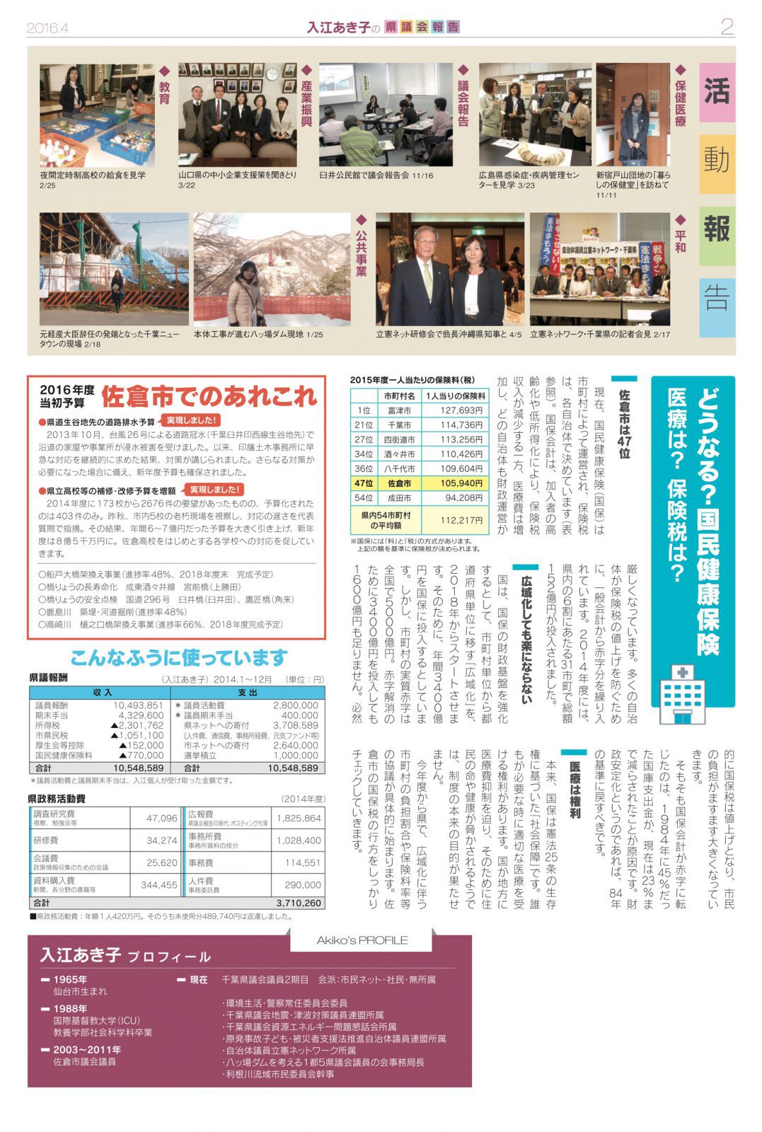 入江あき子の県議会報告 2016年4月発行