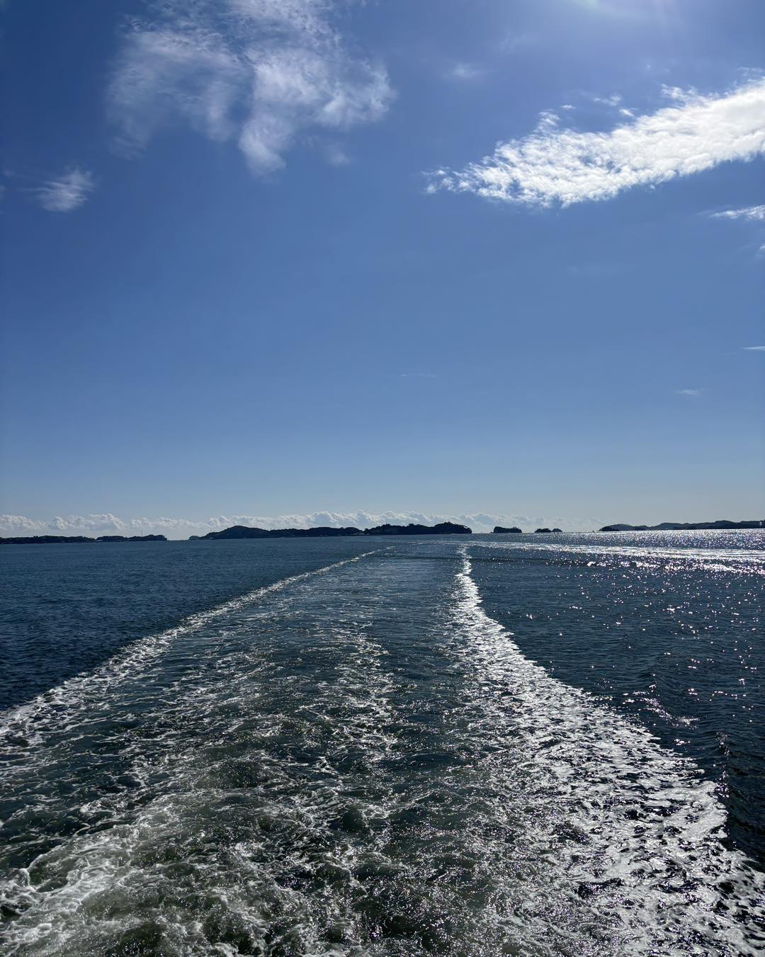 遊覧船の白い航跡がまっすぐ伸びる松島の海。青空の下に島影が連なる遠景